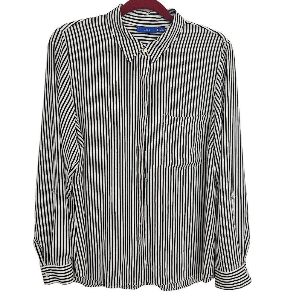 Apt 9  Striped Classic Button Down Blouse Elegant Chic Long Cuff Sleeve